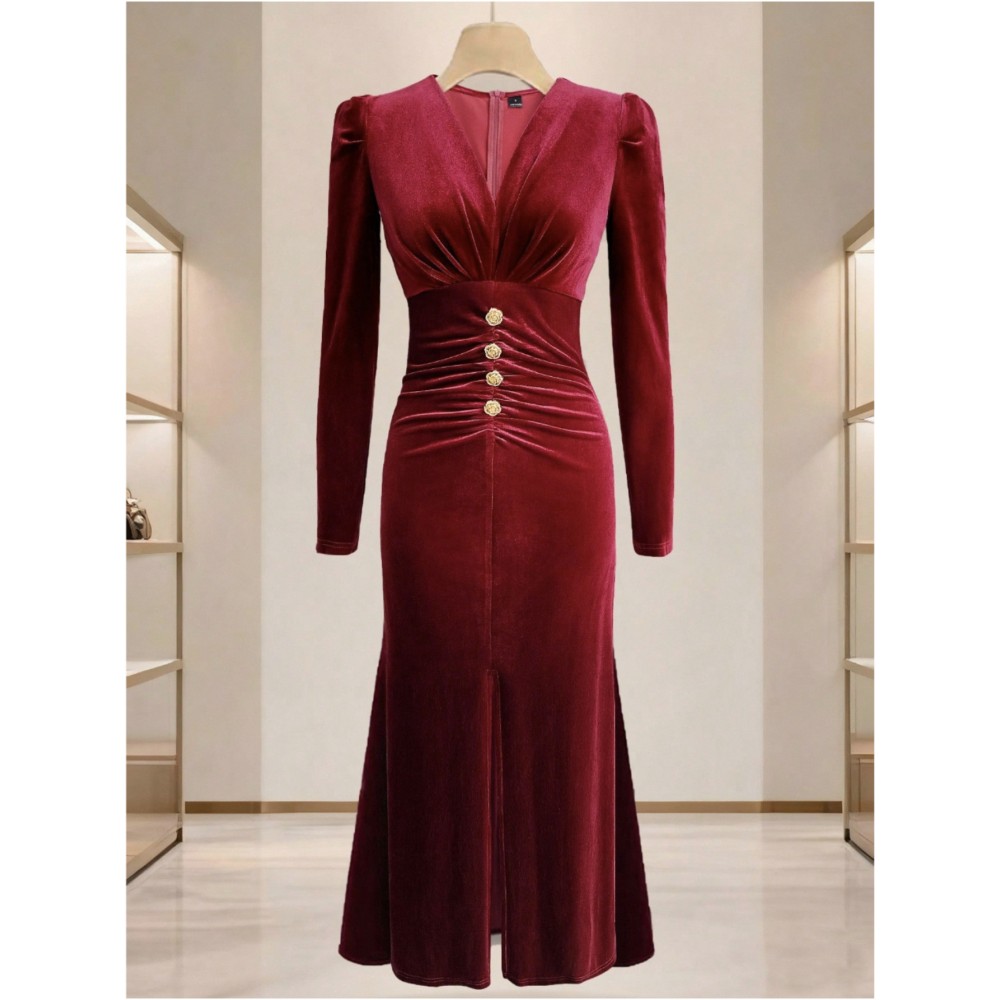 Burgundy/Deeper Red (Maroon) Button-Front Slit & Pleated Waist Dress - Elegant Winter Wedding Guest Gown, Party Evening Dress for Fall/Winter, Hand Washable Solid Color Formal Attire
