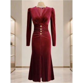 Burgundy/Deeper Red (Maroon) Button-Front Slit & Pleated Waist Dress - Elegant Winter Wedding Guest Gown, Party Evening Dress for Fall/Winter, Hand Washable Solid Color Formal Attire