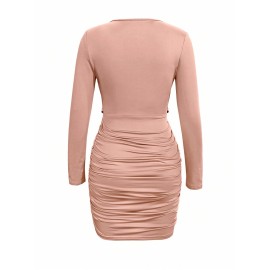 Spring, Summer And Autumn Women's Sexy Dress, V-neck, Solid Color, Tight, Hip-hugging, Ruffled Design, Short Style, Sexy Hip-hugging One-piece Mini Dress