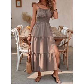 Elegant Mint Green Ruched Spaghetti Strap Maxi Dress for Women - Sleeveless, Cinched Waist, Flowy Vacation Style, Perfect for Spring/Summer, Spaghetti Suspender Dress