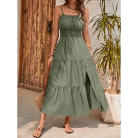 Elegant Mint Green Ruched Spaghetti Strap Maxi Dress for Women - Sleeveless, Cinched Waist, Flowy Vacation Style, Perfect for Spring/Summer, Spaghetti Suspender Dress