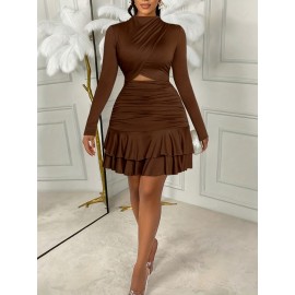 Bodycon Wrap Dress Long Sleeve, Women'S Round Neck Pleated Print Dress, Burgundy Clubwear Cocktail Dress