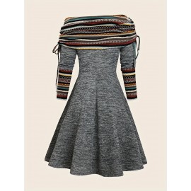 Contrast Striped Drawstring Smocked Dress, Chic Long Sleeve Dress For Spring & Fall, Women's Clothing