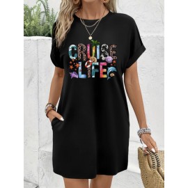 Women's Tropical Vacation Dress - Dark Grey T-Shirt Dress with Cruise Life Graphic, Short Sleeve Beach Outfit, Machine Washable Casual Summer Dress for Women, Beach Dress, Spring Fashion, Relaxed Fit, Comfortable Fabric, Travel Essentials, Holiday Outfit, Lightweight Material, Women's Fashion