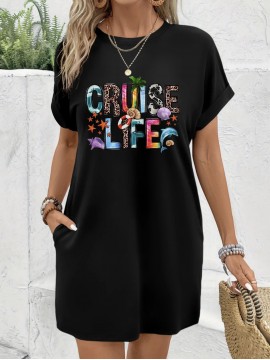 Women's Tropical Vacation Dress - Dark Grey T-Shirt Dress with Cruise Life Graphic, Short Sleeve Beach Outfit, Machine Washable Casual Summer Dress for Women, Beach Dress, Spring Fashion, Relaxed Fit, Comfortable Fabric, Travel Essentials, Holiday Outfit, Lightweight Material, Women's Fashion