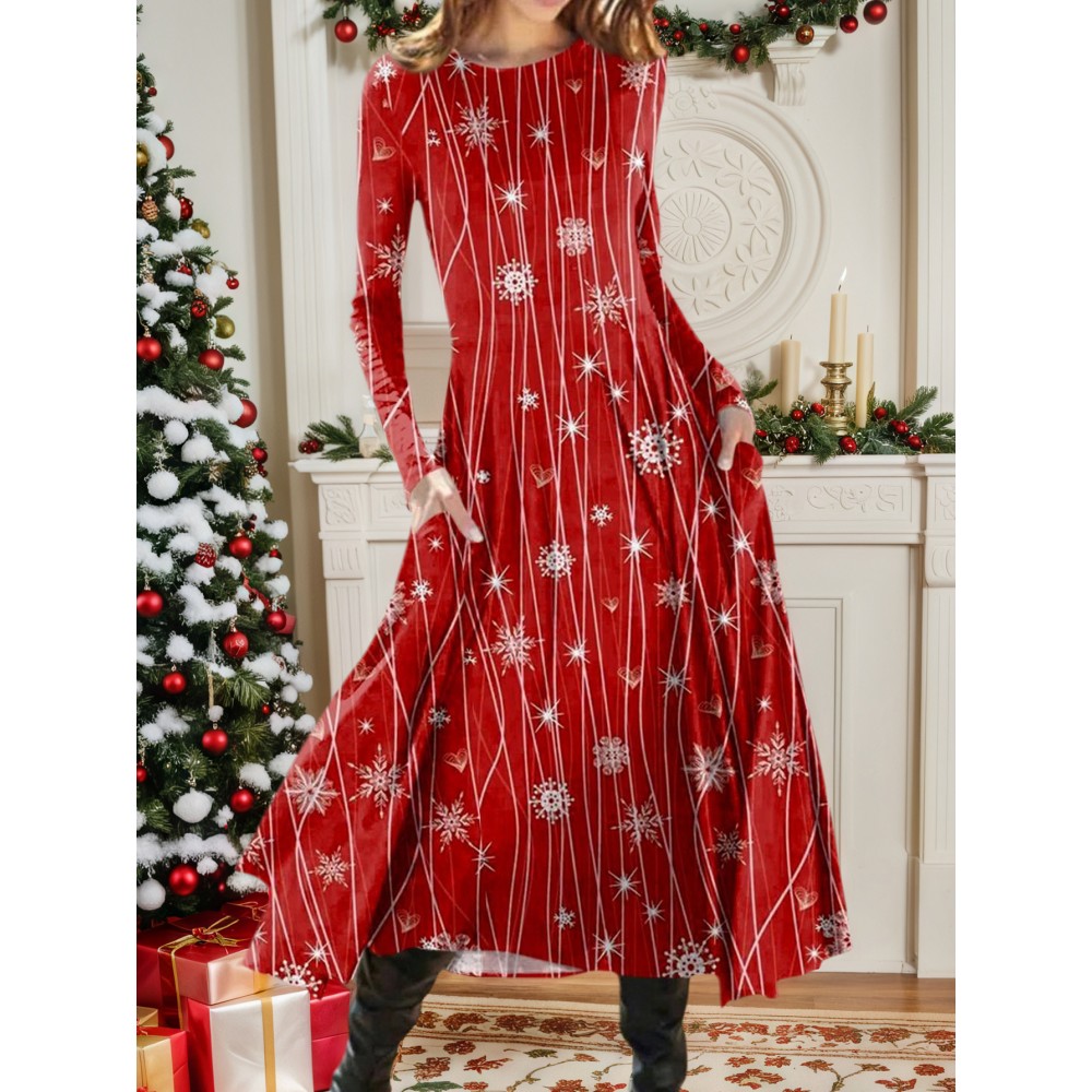 Women'S Elegant Christmas Snowflake Print Maxi Dress - Long Sleeve A-Line Winter Dress with Round Neck, Red & Snowflake Pattern, Cozy Casual to Semi-Formal Outfit for Holiday Parties & Casual Attire, Durable Winter Fabric (Snowflake Design