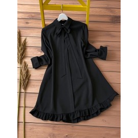 Women's Elegant Black -Line Dress with Collar & Ruffled Short Sleeves - Fitted Waist Short Length (bove Knee) Long Dress, Machine Washable -Season Formal/Casual Wear, Bow Tie Closure - Tailored for Weddings & Office ttire, Black Dresses For Women, Long Sleeve Dresses For Women, Dresses For Women Elegant Classy, Black Dresses For Women Elegant Classy, Fall Dresses For Women, High Neck Dress For Women, Blouse For Women, Party Dresses For Women, Dresses For Women Winter, Dresses