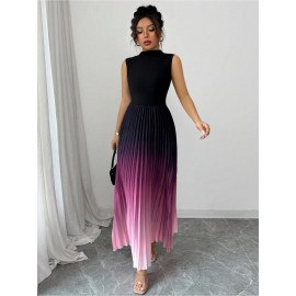 Women'S Elegant Gradient Ombre Sleeveless Maxi Dress - High Neck A-Line Silhouette with Puff Sleeve Accent, Vibrant Purple-Pink-Purple Print, Lightweight Summer Formal & Semi-Formal Evening Gown for Beach Parties, Weddings