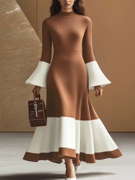 Women's Elegant Floor-Length A-Line Floor-Length Evening Gown with High Bell Sleeve & Puff Sleeve - Solid Brown & White Hem A-Line Silhouette, Floor-Length Formal Party Wedding Gala Dress - Machine Washable All-Season Tunic Dress for Women (Brown/White/Beige) - Structured Fit with Contrast Hem & Solid Color Design, Suitable for Adults, Chic & Sophisticated A-Line Silhouette, Wedding Dresses for Women Elegant Classy, Black Tie Event Dresses for Women,