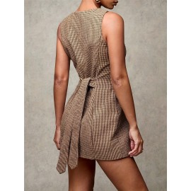 Women'S Elegant Plaid Sleeveless Dress with Front Buttons, Round Neck, Short Casual Style for Office, Formal Events, Daily Wear, Autumn and Winter Wear, Casual Event Dress | Checkered Pattern Dress | Polyester Fabri