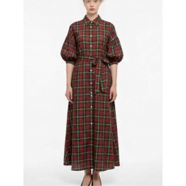 Women'S New Christmas Elements Green Red Plaid Long Casual Fashion Shirt Dress | Three Quarter Length Sleeve, V-neck, Vintage Style, All-season Wear