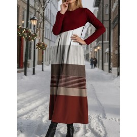 Women's Red Retro Geometric Stripe Patchwork Dress - Long Sleeve Round Neck High Waisted Winter Dress with Red/neutral tones, Machine Washable Party Wedding New Year's Eve Gala Attire