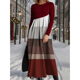 Women's Red Retro Geometric Stripe Patchwork Dress - Long Sleeve Round Neck High Waisted Winter Dress with Red/neutral tones, Machine Washable Party Wedding New Year's Eve Gala Attire