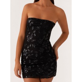 Women's Sexy Red Beaded Floral Off-Shoulder Bodycon Mini Dress - Sparkly Sequin Sleeveless Open Back Tube Top, Summer Party & Night Out Dress, Machine Washable