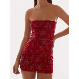 Women's Sexy Red Beaded Floral Off-Shoulder Bodycon Mini Dress - Sparkly Sequin Sleeveless Open Back Tube Top, Summer Party & Night Out Dress, Machine Washable
