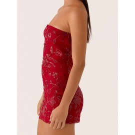 Women's Sexy Red Beaded Floral Off-Shoulder Bodycon Mini Dress - Sparkly Sequin Sleeveless Open Back Tube Top, Summer Party & Night Out Dress, Machine Washable