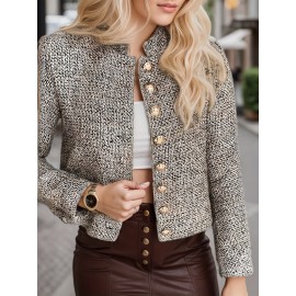New Lightweight Polyester Elegant Women'S Chic Tweed Blazer - Long Sleeve, Button Front, Non-Sheer, Solid Color Jacket For Work & Casual, Elegant Tweed Blazer