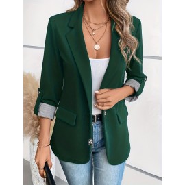 Women's Elegant Solid Black/White Lapel Blazer Jacket - Structured X-Line Single-Button Closure Work Suit Coat with Fake Pockets, Machine Washable Professional Office & Commuter Attire, Year-Round Tailored Outerwear