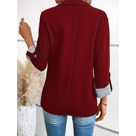 Women's Elegant Solid Black/White Lapel Blazer Jacket - Structured X-Line Single-Button Closure Work Suit Coat with Fake Pockets, Machine Washable Professional Office & Commuter Attire, Year-Round Tailored Outerwear