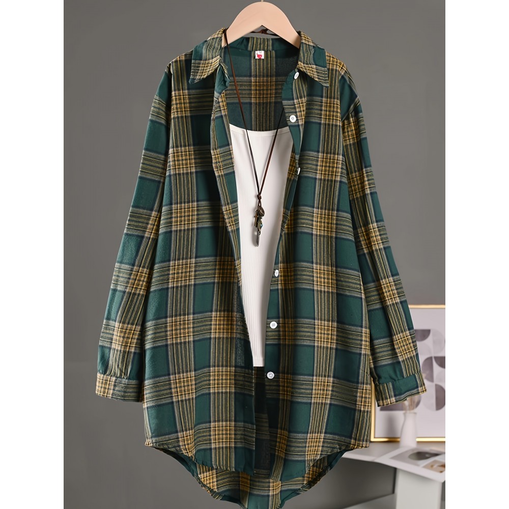 [Casual Plaid Shirt] Women's Casual Plaid Shirt - Thick Non-Stretch Fabric, Loose Fit Mid-Length Collar Single-Breasted Checkered Pattern, Machine Washable All-Season Top for Casual &, Formal Outfits, Versatile Clothing, Classic Design, Durable Material, Stylish Blouse
