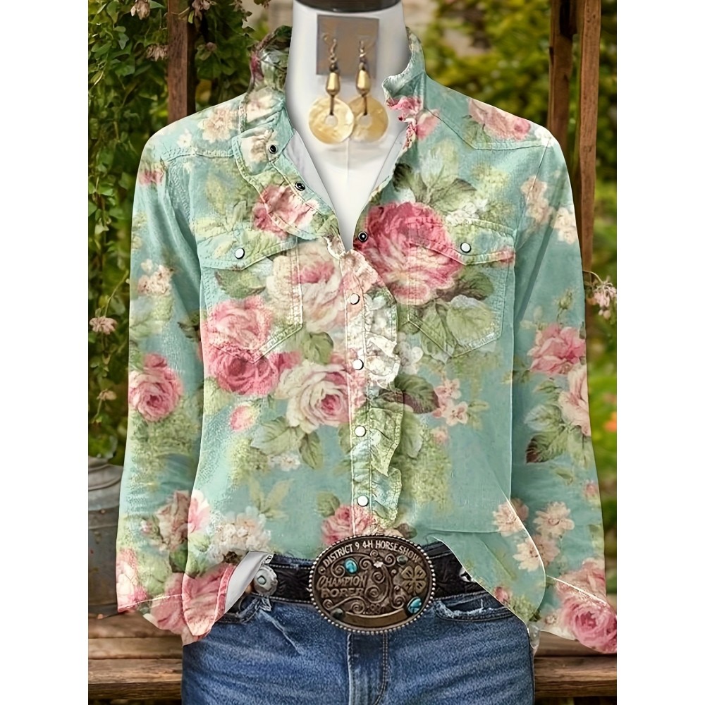 Women's Vintage Botanical Blouse with Ruffle Collar & Long Sleeves - Pink Rose & Green Foliage Print, Non-Sheer Regular Fit Shirt for Fall Winter, Casual or Dressy Outfits