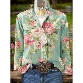 Women's Vintage Botanical Blouse with Ruffle Collar & Long Sleeves - Pink Rose & Green Foliage Print, Non-Sheer Regular Fit Shirt for Fall Winter, Casual or Dressy Outfits
