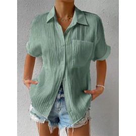 Women Short Sleeve Textured Shirts Solid Color Turn Collar Button Blouses Summer Loose Tops