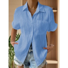 Women Short Sleeve Textured Shirts Solid Color Turn Collar Button Blouses Summer Loose Tops