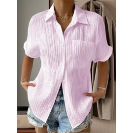 Women Short Sleeve Textured Shirts Solid Color Turn Collar Button Blouses Summer Loose Tops