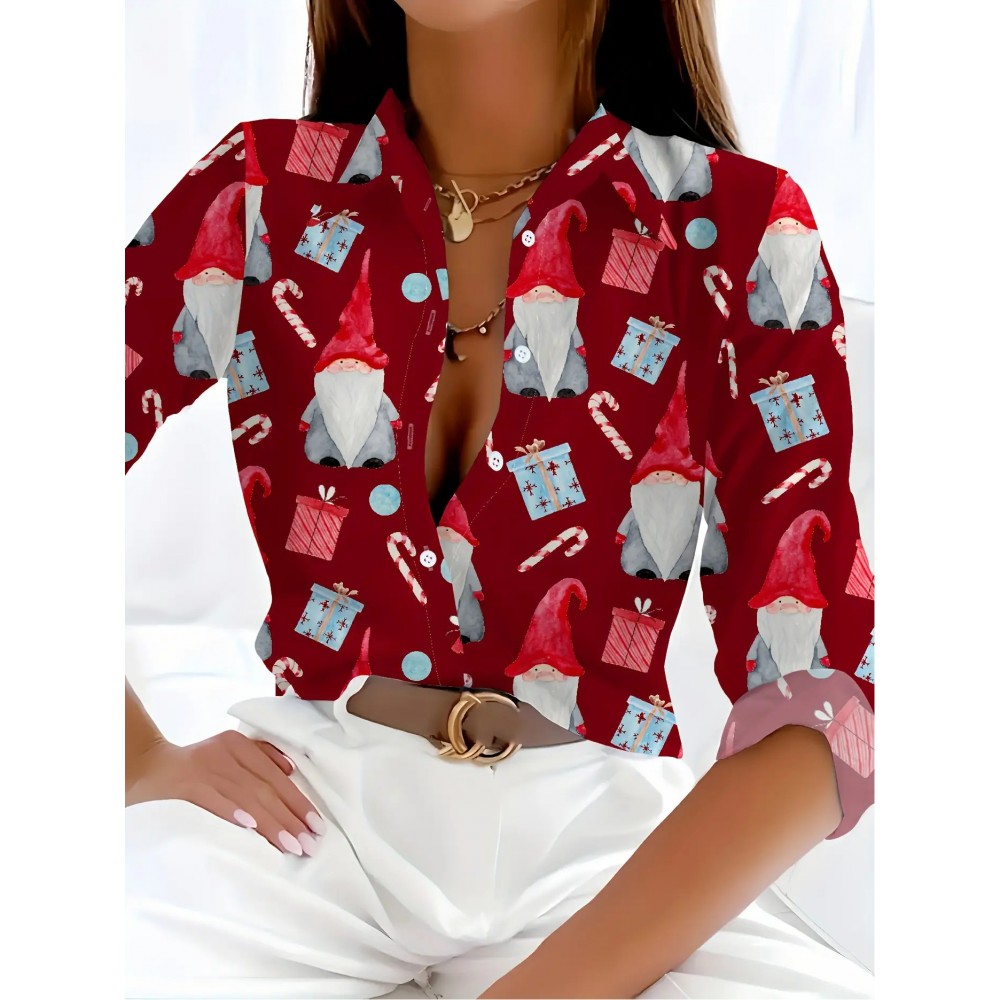 Women's Christmas Gnome & Candy Cane Print Long Sleeve Blouse - Red Collar Button Front Shirt with Gnome & Candy Cane Patterns, All-Season Casual & Holiday Party Outfit, Machine Washable Festive Sweater-Like Top