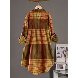 [Stylish Retro Shirt] Stylish Retro Striped Plaid Long Shirt for Women | New Casual Loose Long Sleeve Blouse