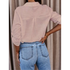 Women's Long Sleeve V-Neck Button Front Blouse - Solid Color Elegant Minimalist Shirt, Button- Collar Top for Office, Casual & Smart-Casual Wear, Spring/Autumn Daily Outfits (Hand Wash/Dry Clean) - Versatile Neutral Attire