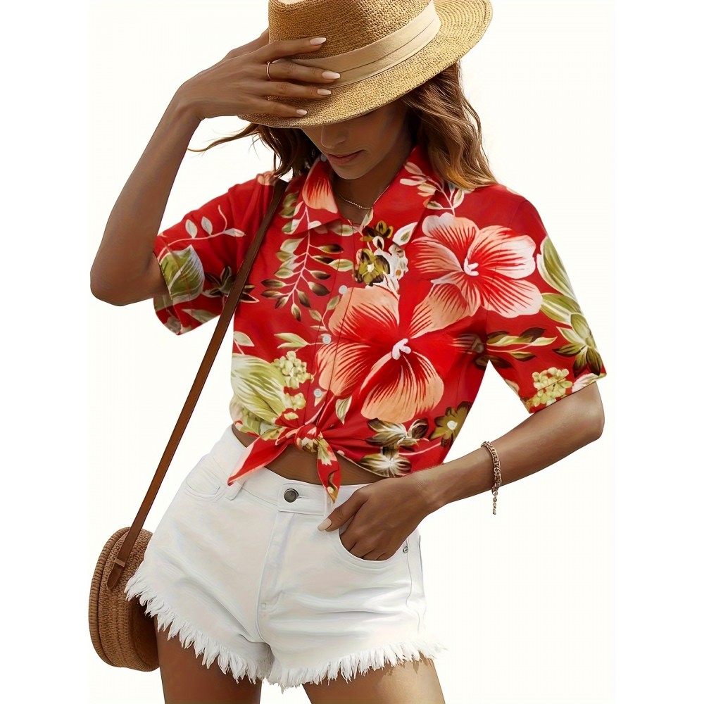 Women'S Tropical Floral Print Short Sleeve Button-Front Shirt - Vibrant Red with Orange, Green & White Hibiscus Flowers, Classic Collar, Machine Washable All-Season Casual & Hawaiian Style Blouse for Beach Outfits, Hawaiian Parties