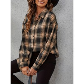 Elegant Women's Plaid Shirt - Polyester, Machine Washable, Non-Sheer, Collared, All-Season Fashion Blouse