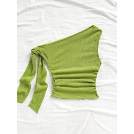 Women's Elegant Blouse with Asymmetric One-Shoulder Neckline & Ruffled Hem - Slim Fit Top, Medium Stretch Solid Color Shirts for Year-Round Wear, Machine Washable for, Semi-Formal or Party Outfits