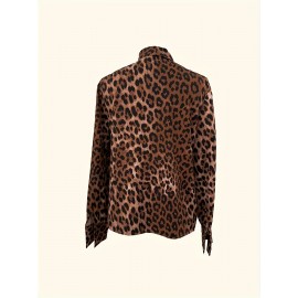 Women's Elegant Bow Tie/ascot Collar Blouse with Button Front - Loose Fit Leopard Print Shirt Jacket, Machine Washable Year-Round Versatile Tops for Casual, Office & Smart-Casual Wear