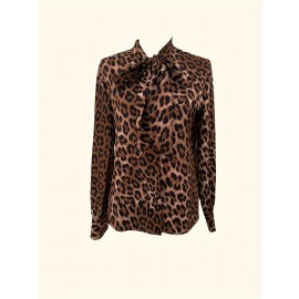 Women's Elegant Bow Tie/ascot Collar Blouse with Button Front - Loose Fit Leopard Print Shirt Jacket, Machine Washable Year-Round Versatile Tops for Casual, Office & Smart-Casual Wear