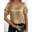 [Elegant Blouse] Elegant Golden Foil Women's Blouse | Round Neck Short Sleeve Summer Shirt, Machine Washable Solid Color Top for Casual & Formal Occasions, Ruched Shoulder Design, Lightweight Fabric