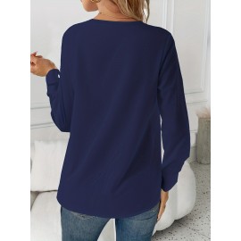 Women'S Elegant Long Sleeve Blouse - Solid Navy Round Neck Loose Fit Shirt with Piping Trim, Structured Collar & Button Front Closure, All-Season Casual to Formal Tops for Office, Semi-Formal & Casual Attire - Versatile Women'S Clothing