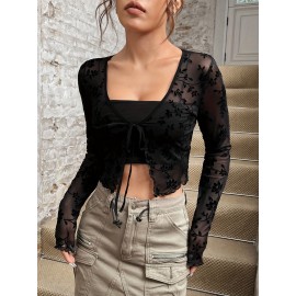 Women's Semi-Sheer Blouse with Botanical Leaf Print & Adjustable Tie-Front - Lightweight All-Season Lace-Like Sheer Panel Shirt, Hand Washable Elegant Casual to Dressy Tops (Plant Pattern)