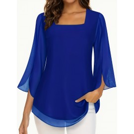 Women's Elegant Royal Blue Blouse - Non-See-Through Chic Chic Office to Party Top, Machine Washable Chiffon Shirt for Women Q293, Summer Wardrobe Essential, Flared Sleeves, Stylish Detailing, Fashionable Top, Trendy Outfit