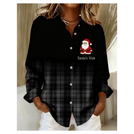 Women's Vintage Plaid Button- Shirt - Ruffle Collar Blouse, Loose Fit Casual Long Sleeve Top with Plaid Patterns (///Navy), Machine Washable for Autumn Winter Office & Casual Attire