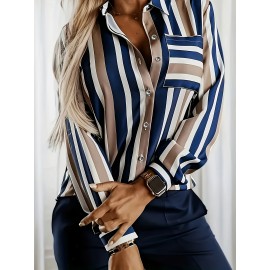 Women's Elegant Blue/Beige/Navy Striped Long Sleeve Shirt Jacket - Structured Collar Blazer, Wrinkle-Resistant Machine-Washable Polyester-like Top for, Semi-Formal & Casual Wear, Vertical Striped Tailoring (No Dry Clean)