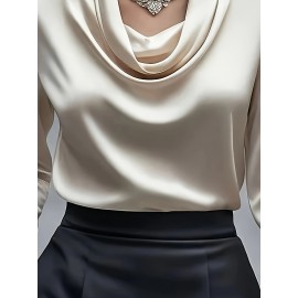 [Solid Color Versatile] Elegant Women's Long Sleeve Blouse - Soft Wrinkle-Resistant, Button-Front, Round Neck & Collar, All-Season Office Shirt