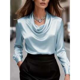 [Solid Color Versatile] Elegant Women's Long Sleeve Blouse - Soft Wrinkle-Resistant, Button-Front, Round Neck & Collar, All-Season Office Shirt