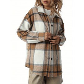 Women'S Button Plaid Print Shirt Jacket Casual Long Sleeve Lapel Loose Coat Going Out Jacket Outwear, Casual Wear, Summer Coat