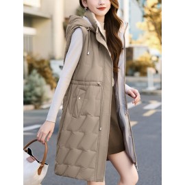Women'S Mid-Length Hooded Vest in a Warm Design, Perfect for Autumn And Winter, Featuring a Loose Fit And Korean Style.