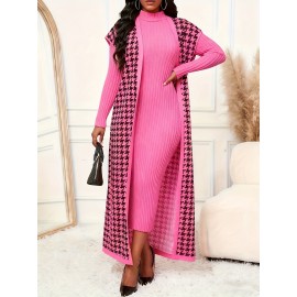 Women's Elegant Houndstooth Print Cardigan Vest - Oversized Collar Long Sleeveless Jacket, Black/White/Yellow/Beige, Fall Winter Warm Coat, Machine Washable Blazer for Casual & Formal Wear