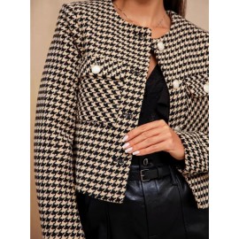 Classic Black & White Houndstooth Tweed Jacket with Double Button-Front Closure, Metal Buckle & Proportional Collar - Casual Coat for Spring/Fall Layering (Hand Washable) - Versatile for Jeans, Dresses, or Blouses