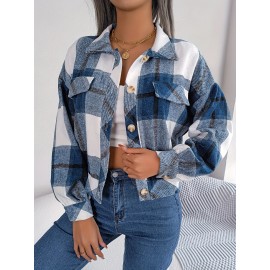 Women's Elegant Structured Jacket - Plaid Checkered Coat (Red/White/Tan) with Classic Collar & Chest Pocket Button Closure, Machine Washable Long Sleeve Blazer for Office, Casual or Formal Wear - Spring/Autumn Outerwear